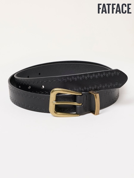 أسود - Fatface Floral Embossed Leather Belt