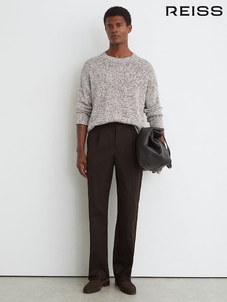 Brown - Regular Reiss Look Cotton Slub Pleated Relaxed-fit Trousers