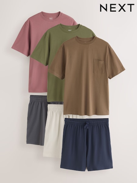 Brown/Green/Pink - Regular Pure Cotton Jersey Short Sleeve Pyjamas Set 3 Pack