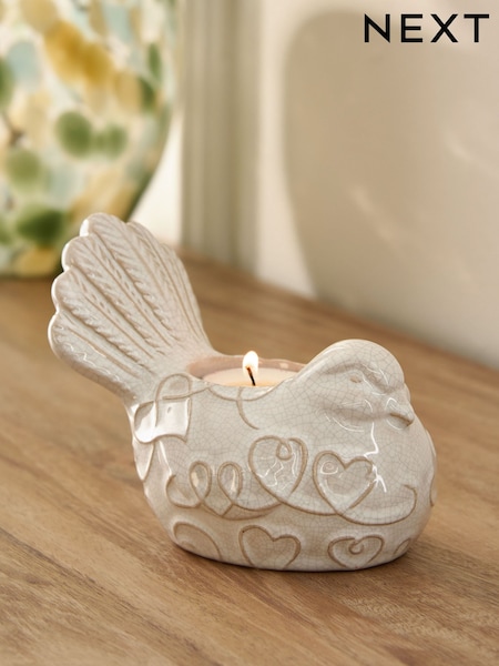 Embossed Heart Ceramic Bird Tea Light Holder