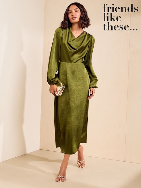 Olive Green - Friends Like These Satin Cowl Neck Long Sleeve Midi Dress