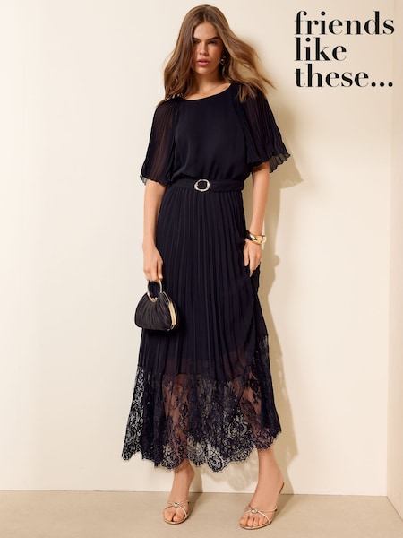 Black - Friends Like These Pleated Short Sleeve Lace Hem Midi Dress