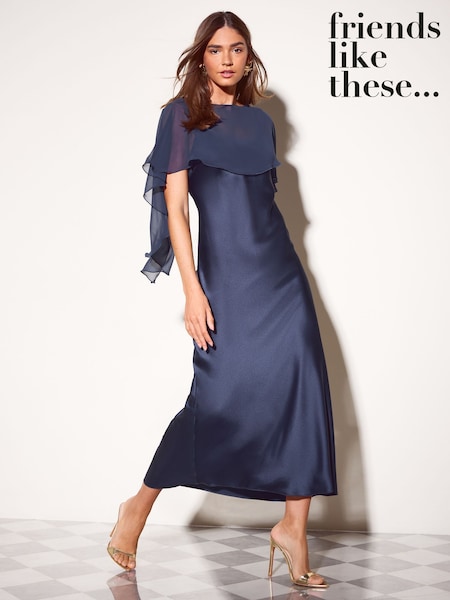 Navy - Friends Like These Chiffon Cape Satin Midi Dress