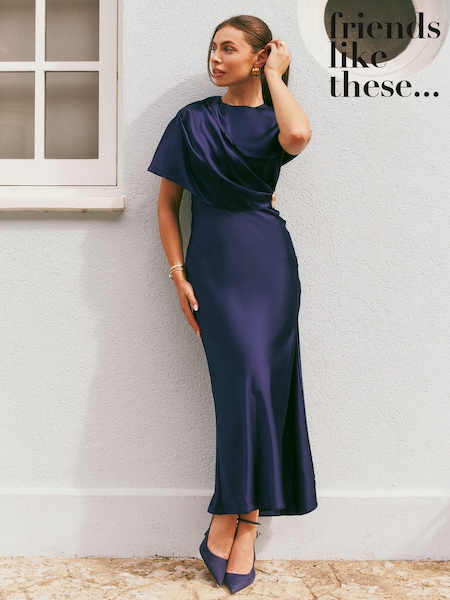 Navy - Friends Like These Satin Cape Hardware Detail Midi Dress