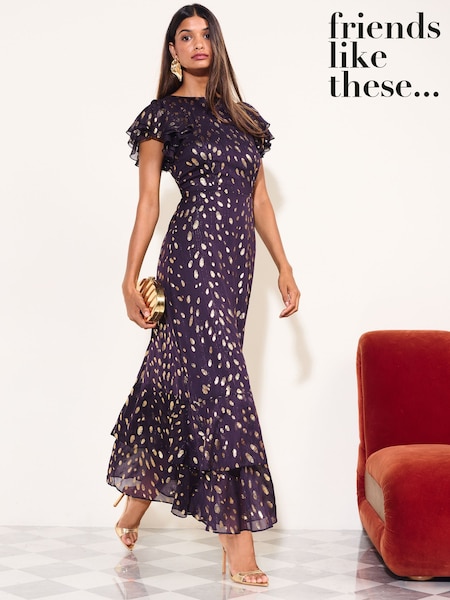 Aubergine Purple - Friends Like These Ruffle Short Sleeve Metallic Foil Midi Dress
