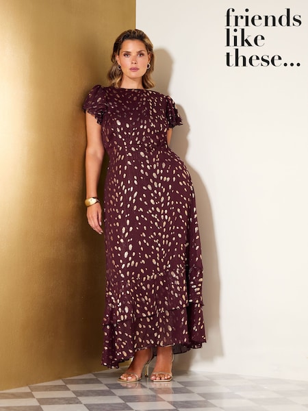 Burgundy Red - Friends Like These Ruffle Short Sleeve Metallic Foil Midi Dress