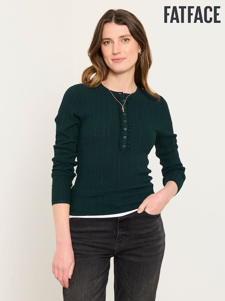 Jade Green - Fatface Knitted Frill Front Henley
