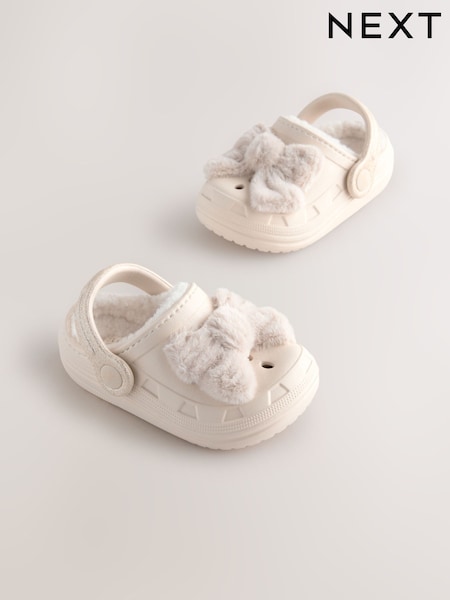 Neutral Bow - Faux Fur Lined Clog Slippers