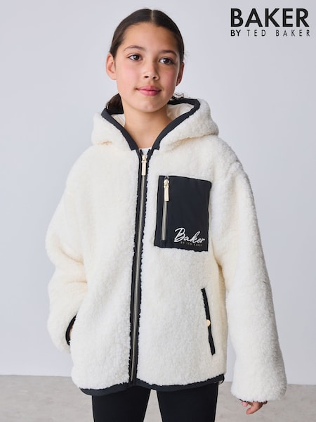 Cream - Baker By Ted Baker Contrast Oversized Hooded Borg Fleece Jacket