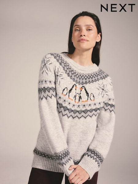 Grey Penguin Fairisle - Christmas Long Sleeve Jumper