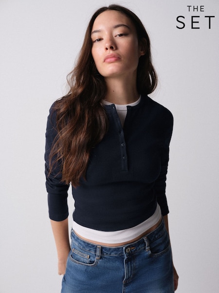 Burgundy Red/Navy Blue/White - The Set 4 Pack Ribbed Long Sleeve Cropped Henley T-shirts