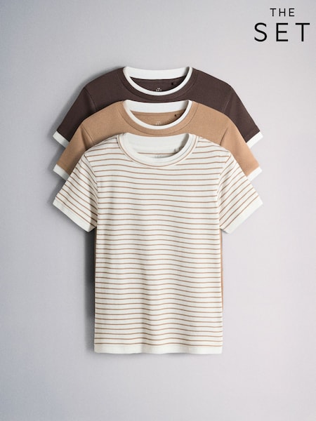 Brown /Tan/Tan and Cream Stripe - The Set 3 Pack Mock Layer Semi Sheer Soft Touch T-shirts
