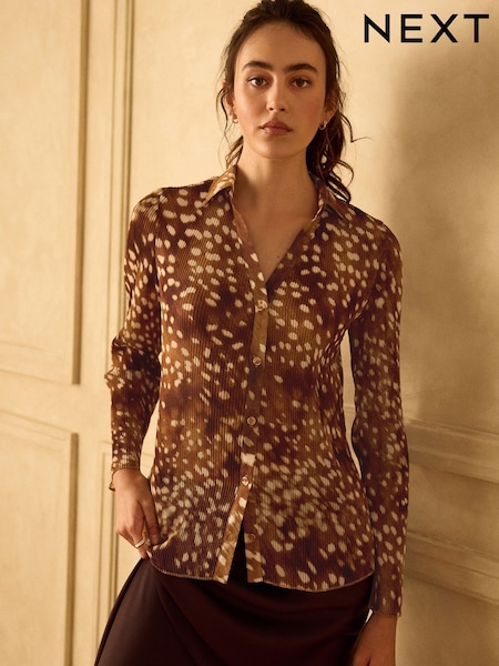 Deer Print - Plisse Long Sleeve Shirt
