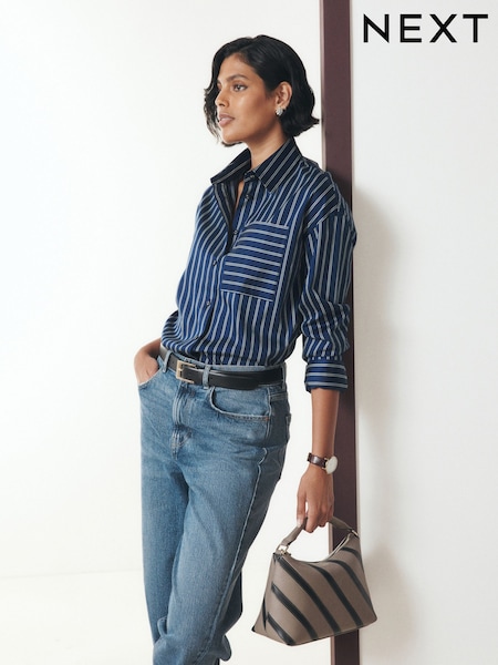 Navy/White Stripe - Cotton Sateen Long Sleeve Shirt