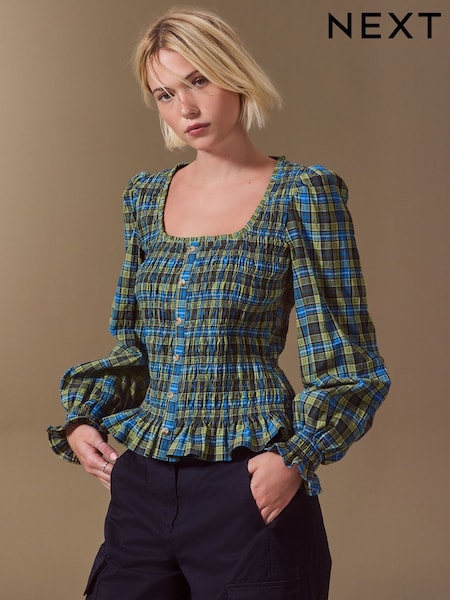 Green/Blue Check - Square Neck Smocked Long Sleeve Top