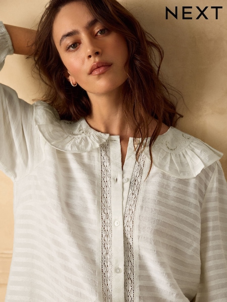Ecru - Embroidered Cutwork Detail Collared Long Sleeve Blouse