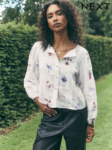 Ecru Patchwork - National Trust X Next Embroidered Long Sleeve Blouse With Linen
