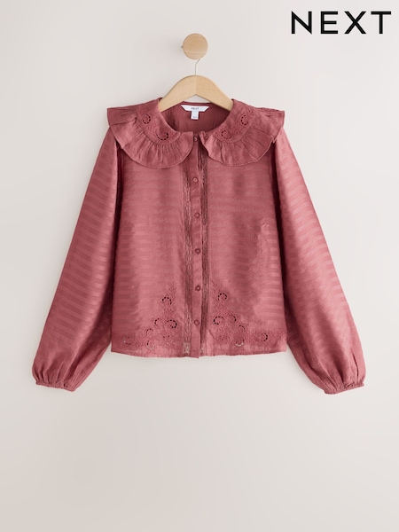 Dark Pink - Embroidered Cutwork Detail Collared Long Sleeve Blouse