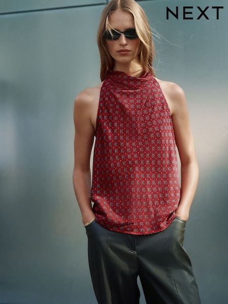 Red Geometric Foulard Print - Satin Halterneck Top