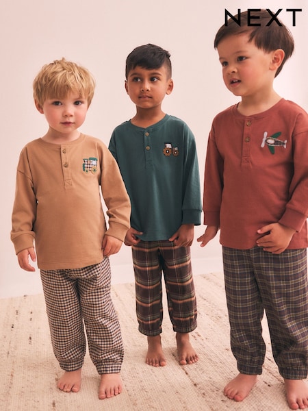 Tan/Teal/Rust Transport - Check Woven Bottom Pyjamas 3 Pack (9mths-12yrs)