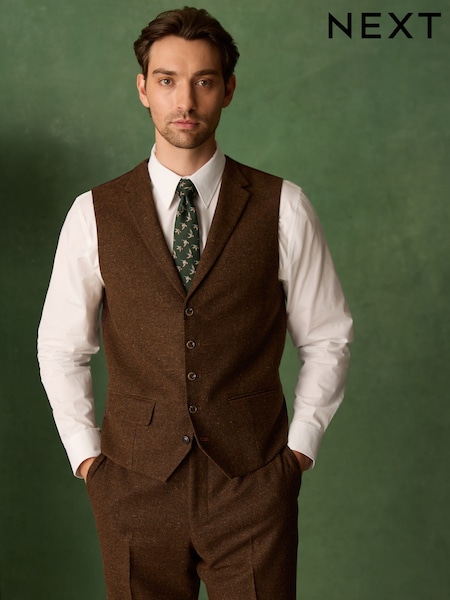 بني مائل للأحمر - Regular Slim Fit Nova Fides Italian Wool Blend Trimmed Herringbone Suit Waistcoat