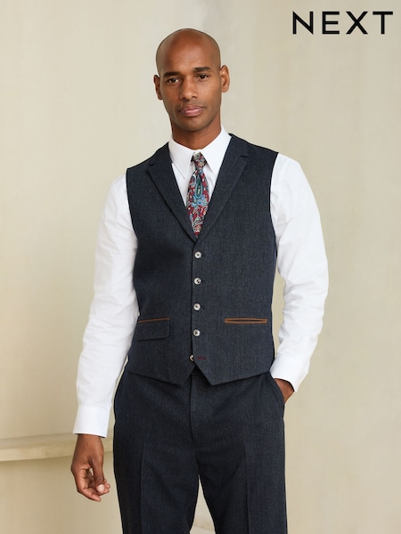 Marina de guerra - Regular Regular Fit Nova Fides Italian Wool Blend Trimmed Textured Suit Waistcoat