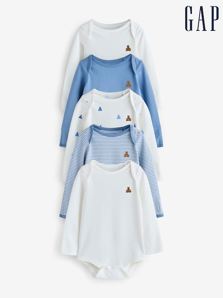 Blue and White - Gap 5 Pack Brannan Bear Long Sleeve Baby Bodysuit (0-24mths)