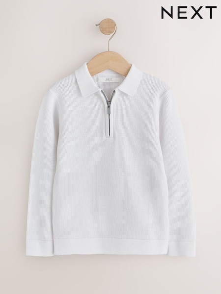 Ecru White - Knitted Zip Neck Polo Shirt (3-16yrs)