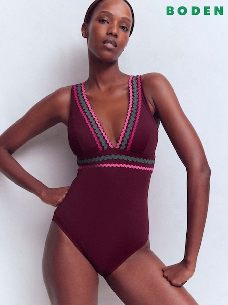 Boden Brown Porto V-Neck Swimsuit (V66390) | AED518