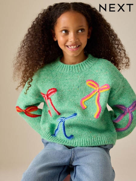 Nœud vert brodé - Pull de Noël (3-16 ans)