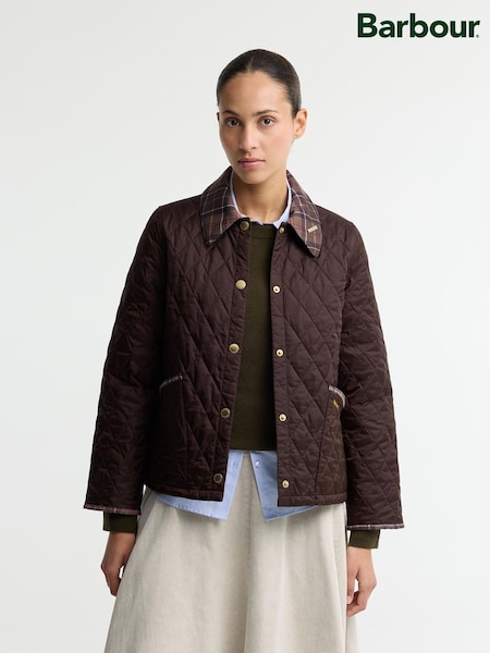 Brown - Barbour® Icons Tartan Collar Cropped Liddesdale Quilted Jacket