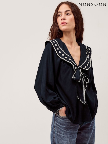 Monsoon Blue Lola Embroidered Sailor Collar Top (V66652) | $147