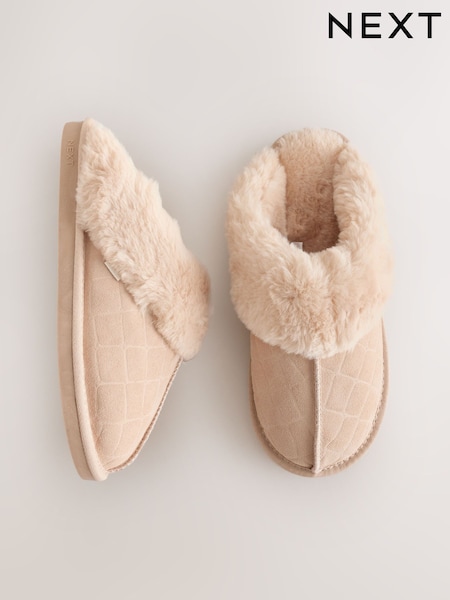 Ecru Croc - Faux Fur Lined Suede Mule Slippers