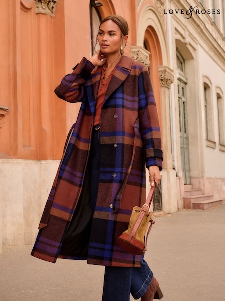 Rust Brown Check Print - Love & Roses Wrap Over Tie Waistcoat