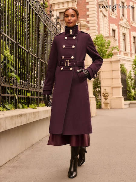 Burgundy Red - Love & Roses Funnel Neck Military Faux Wool Coat