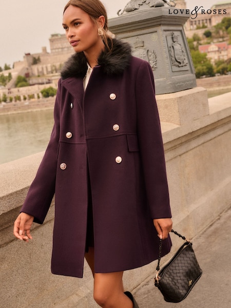 Burgundy Red - Love & Roses Fur Collar Mid Length Dolly Coat