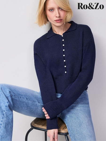 Ro&Zo Blue Pearl Button Through Cardigan With Linen (V67034) | ₪498