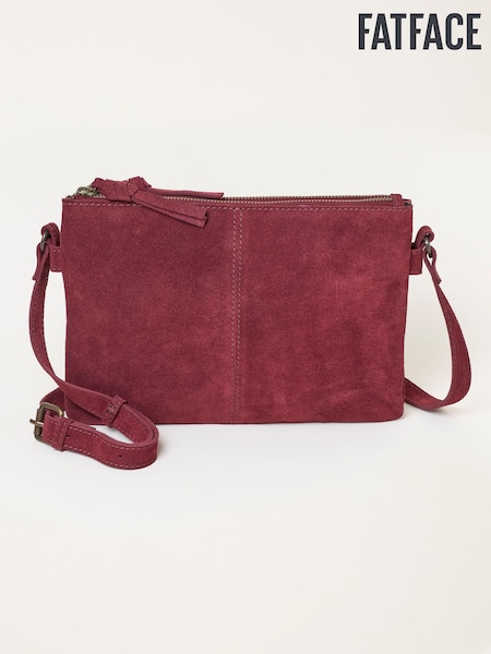 Burgundy Red - Fatface Double Compartment Suede Crossbody Bag