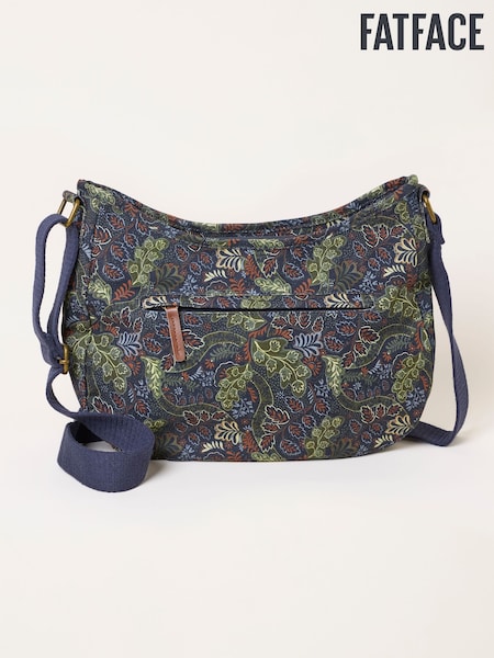 Teal Blue - Fatface Leaf Floral Canvas Crossbody Bag