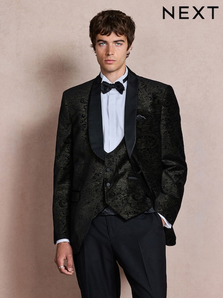 Black/Gold - Regular Paisley Printed Slim Fit Cotton Velvet Blazer