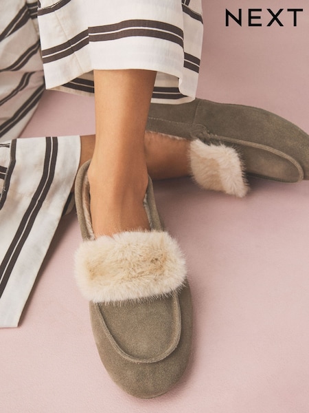 Gris - Moccasin Suede Fold-over Fur Lined Slippers
