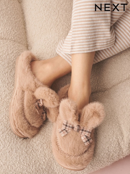 Tan Brown - Check Faux Fur Bunny Mule Slippers