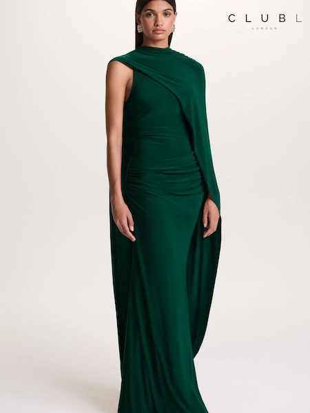 Club L London Maeve | Bottle Green Cape-Sleeve Draped Maxi Dress (V67547) | 633 LEI