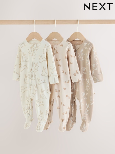 Neutral Bunny - Two Way Zip Baby Sleepsuits 3 Pack (0mths-2yrs)