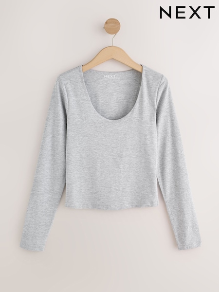 Grey - Fitted Scoop Neck Long Sleeve T-shirt
