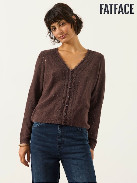 Suklaanruskea - Fatface Knitted Sequin Sparkle Lace Cardigan
