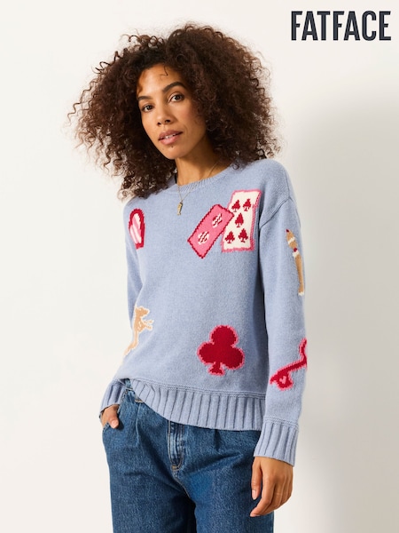 Blue - Fatface Knitted Card Motif Crew Jumper