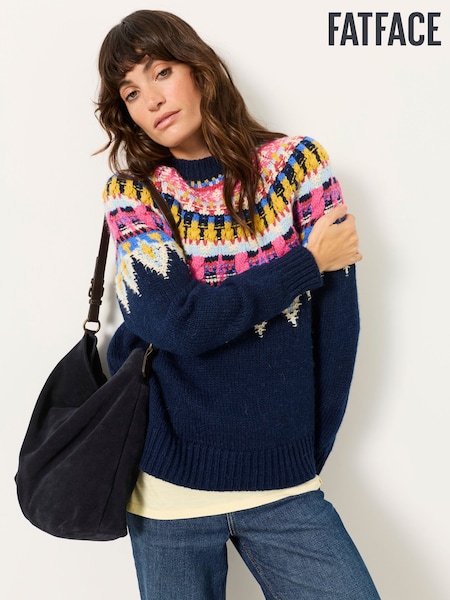 Navy - Fatface Knitted Fantasy Fairisle Crew Jumper