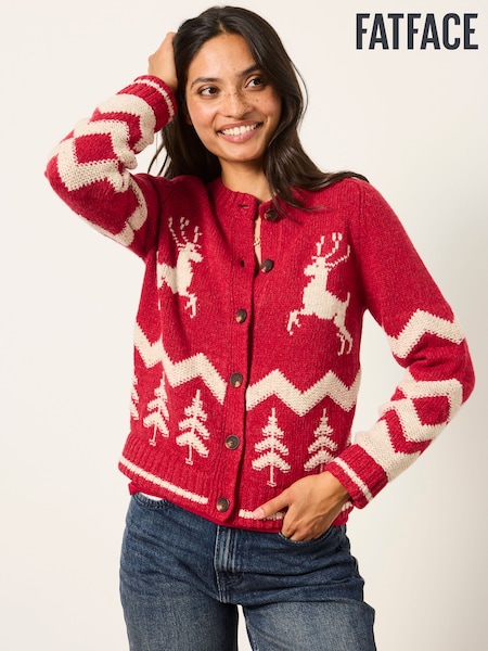 Red - Fatface Reindeer Knitted Crew Christmas Cardigan