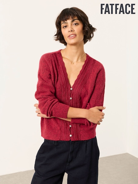 Red - Fatface Knitted Lace V Cardigan